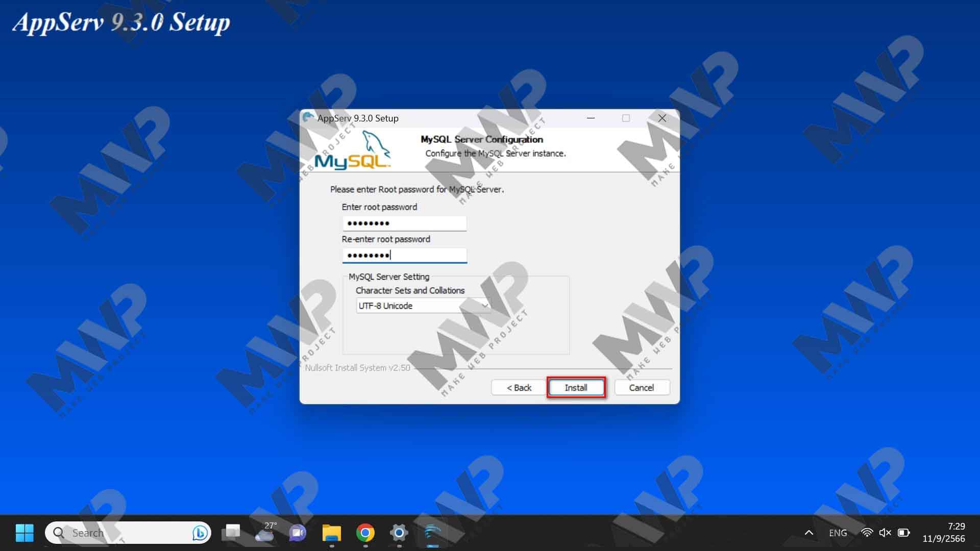 การติดตั้งโปรแกรม Appserv ขั้นตอนที่ 8 แสดงหน้าจอสำหรับตั้งค่ารหัสผ่านในการใช้งานฐานข้อมูล MySQL โดยต้องป้อนข้อมูลอย่างน้อย 8 ตัวอักษรหรือตัวเลข จากนั้นคลิกปุ่ม Next